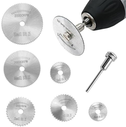 Drill Saw Blades for Dremel Rotary Tool, 7Pcs HSS Cutting Circular Saw Blades with Straight Shank Mandrel Fine Tooth Wood Blade for Drills Rotary Tools Wood Plastic Metal Stone Diamond Cutting