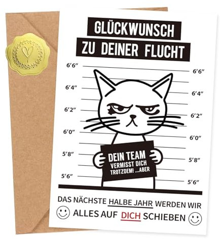 Sugeru A6 Abschiedskarte Kollegen mit Umschlag | Abschiedsgeschenk Kollegen, Karte Abschied Kollege, Karte zum Ruhestand, Lustige Abschiedskarte, Geschenkidee für kollegen zum Abschied(Katze)