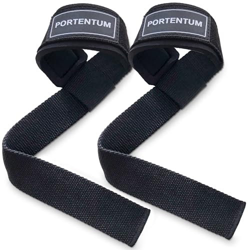 PORTENTUM® Straps Palestra - Fascette Sollevamento Pesi - Fasce, Cinghie per Stacchi, Lifting, Gym - Accessori Bodybuilding (Nero)