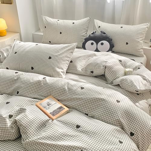 Covebett Bettwäsche 140x200 Kariert Schwarz Weiß mit Herz Herzen Muster Mädchen Bettbezug 2teilig Aesthetic Karo Herzmuster Microfaser Deckenbezug mit Reißverschluss und Kissenbezug 70x90cm
