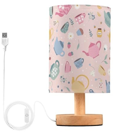 Mnsruu Bedside Lamp Tea Cup Teapot Table Lamp LED Nightstand Desk Lamp USB Charging Ports Linen Fabric Shade for Bedroom Living Room Office