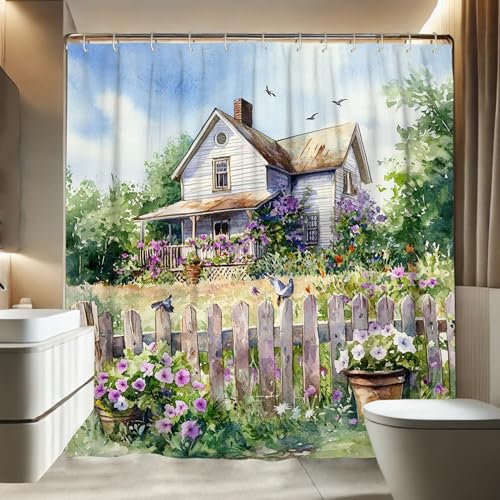 Duschvorhang für Gartenhaus, Aquarell-Grün-Weiß, Blumen-Design für Badezimmer, Frühling, Sommer, modern, rustikal, wasserdicht, Stoff-Duschvorhang-Set mit Haken, 157 x 183 cm