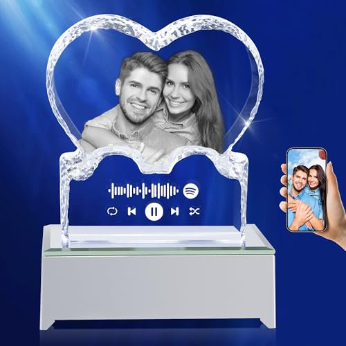 Dilamus Foto de Cristal Personalizada, Grabado Personalizado Corazón de Foto de Cristal con Código Spotify para Él Ella Hombres Mujeres, Regalos de de con Base para Cumpleaños Aniversario