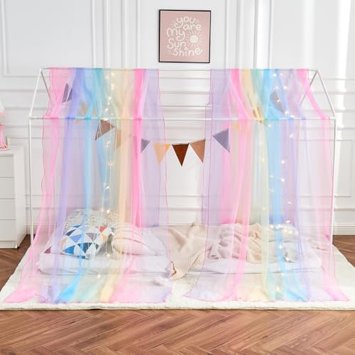 WANFASO Hausbetthimmel für Mädchen, Regenbogen-Baldachin, Bettvorhänge, Doppelbett mit Lichtern, Prinzessin, durchscheinender Betthimmel, Schal für Mädchen, Raumdekoration (2 Paneele)