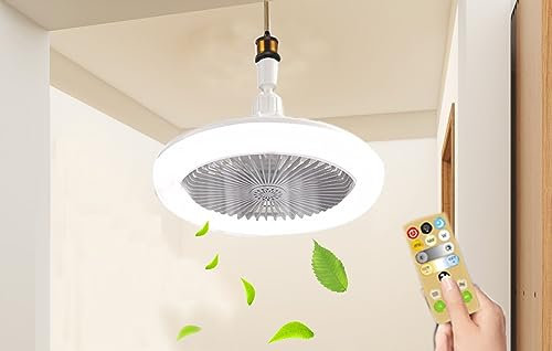 Socket Ceiling Fan Light with Remote Control, 220-240 Volt, 2100 Lumens, 3 Fan Speeds, 3 Colors 3000K-6500K Dimmable Light Bulb Fan for E26/E27 Base, Small Ceiling Fan Light for Bedroom, Kitchen, Gara