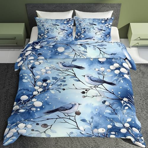 Luxfieo Vogel Deko - Winter Bettwäsche 140x200 Vogel, Winter Vogelmotiv Bettbezug 2er Set mit 1 Kissenbezug 70x90, Weiche Mikrofaser Winterbettwäsche mit Reißverschluss T&*88