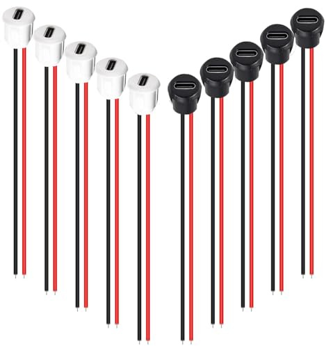 RUNCCI-YUN 10PCS USB Type-C Soldering Panel Mount Socket 2Pin USB C DIY Pigtail Bare Wire Power Cable, Round with Card Buckle with PD Function 150mm 24 AWG Wire （ Black White）