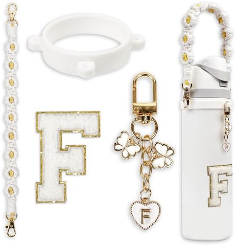 Cute Letter Charm Set Compatible with Owala Water Bottle 24 oz, 32 oz, 40 oz, Owala Kids, Owala Coffee Tumbler, Owala FreeSip – Includes Handle Strap, for Owala & Stanley Cup Accessories (White, F)