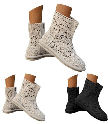 Stivaletti da donna estivi – Stivali corti da donna Cutout, eleganti alla caviglia, con punta tonda, in tessuto, da donna, larghi, con plateau, bianco, 37 EU