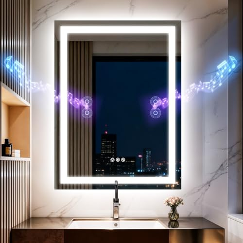 Miroir de salle de bain LED avec lumières 50x70cm, double haut-parleur Bluetooth, anti-buée, 3 températures de couleur, luminosité à intensité variable, fonction mémoire, étanche, support mural, verre