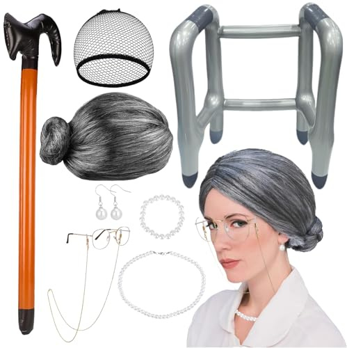 9 Stück Oma Kostüm Rentner Kostüm Oma Perücke Grau Brillenketten | Perlenohrringe Armbänder Halsketten Spazierstöcke Haarnetze Aufblasbarer Gehhilfe für Rollenspiel Halloween Karneval