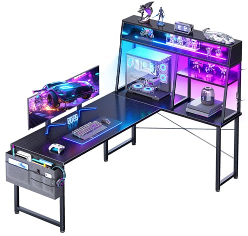 Coleshome L Shaped Gaming Desk with Led Lights, 130×100 cm, Black | Reversible Corner Computer Desk with Display Shelves, PC Gaming Table with Storage Bag Black