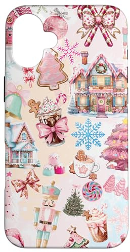 Pink Christmas Village Nutcracker Gingerbread Cute Bows Case for iPhone 16 Plus