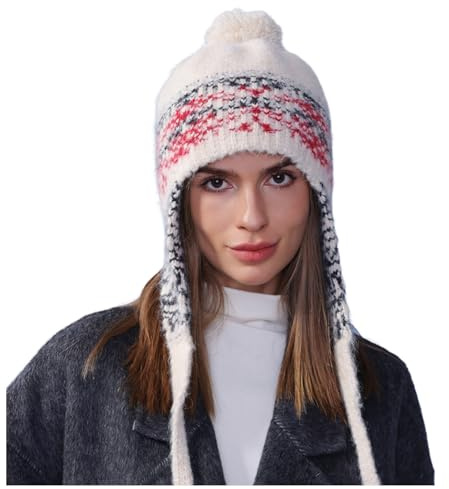 Generisch Mütze mit Ohrenklappen Damen Norwegischem Muster Wintermütze Ohrenklappe, Strickmütze, Ski-, Schneemütze, Strickmütze Totenkopfmütze Kaltes Wetter Warme MützeSize:One Size