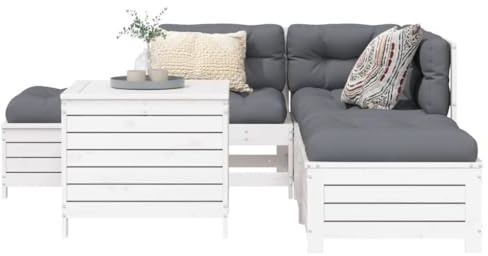 Runheo 6-TLG. Garten-Sofagarnitur Weiß Massivholz Kiefer, Langlebiges Outdoor Lounge Set mit Tisch, Modulares Design für Terrasse Balkon