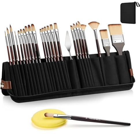 Aniyoo 26 PCS Art Paint Brush Set & Acrylic Paint Brush Set | Oil-Paint-Brushes, Oil-Paint-Set, Paint-Brushes Art Supplies, Palette Knife, Cloth Roll for Acrylic, Oil, Watercolor & Canvas