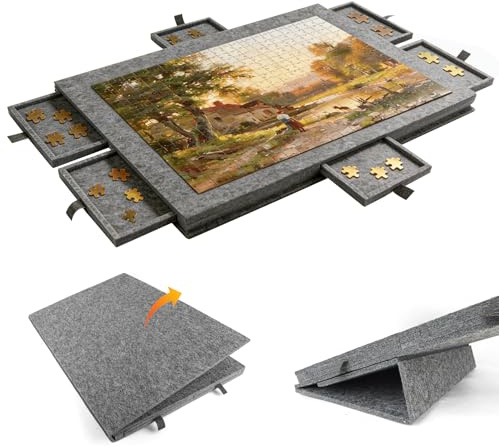 Tilting Jigsaw Puzzle Board, Portable Jigsaw Mat Board for 1000 Pieces | Puzzle Boards and Storage Mat with 6 Drawers, 2-in-1 Stand / Dust Cover, Non-Slip Felt Surface, for Lovers, Parents, Friends