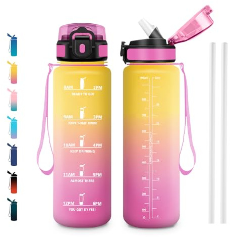 JAPORIA Cantimplora 1L, Botella Motivacional, Botella de Agua con Pajita, Garrafa Agua con Marca de Tiempo para Adultos, Running, Bicicleta, Oficina