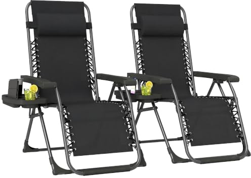 Outsunny Zero Gravity Chairs Set of 2 Folding Adjustable Black | Sunloungers, Garden Recliners, Cup Holder, Headrest, Reclining Garden Chairs, Patio, Beach, Terrace, Camping