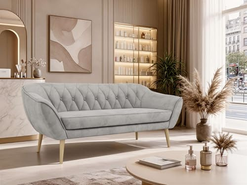 MKS MEBLE Sofa PIRS 3-Sitzer - Skandinavisches Design Couch, Gesteppte Polsterung, Wellenfederung, bequemes Polstersofa für Wohnzimmer - Buche Beine, Hellgrau Velvet