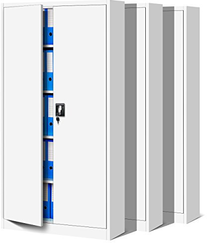 Jan Nowak 3er Set Aktenschrank C001H Büroschrank Metallschrank Stahlschrank Werkzeugschrank Stahlblech Pulverbeschichtet Flügeltürschrank Abschließbar 195 cm x 90 cm x 40 cm (Weiß)