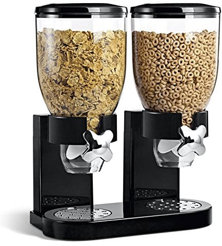BAKAJI Dispensador de Cereales, pastas, Dulces, Frutos Secos, con Rueda, Doble Recipiente de 8 litros y dosificador Interior, Color Negro, 8 lt