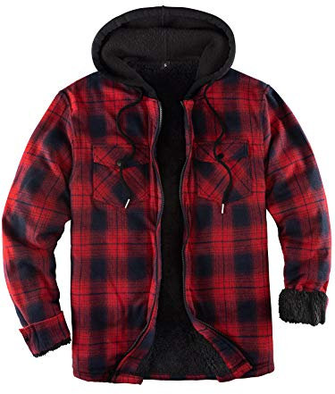 ZENTHACE Herrenjacke mit Sherpa-Futter, durchgehender Reißverschluss, kariert Rot/Grau XXL