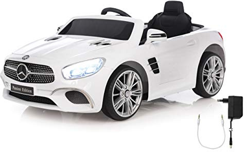JAMARA 460438 - Ride-on Mercedes-Benz SL 400 12V - 2 leistungsstarke Antriebsmotoren und Akku für Lange Fahrzeit, Micro-SD-Slot, AUX-/USB-Anschluss, LED-Scheinwerfer, Ultra-Grip Gummiring, weiß