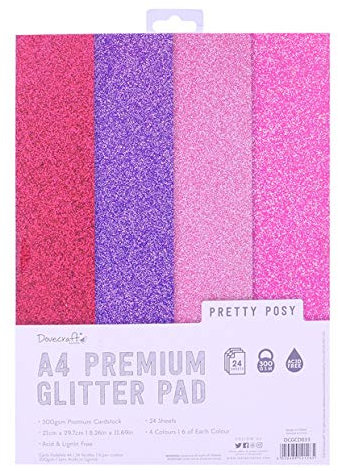 Dovecraft DCGCD033 Glitter A4 Pad-Perfectly Pink - 24 Sheets - Non-shed - 300 GSM - 4 Shades of Pink and Purple-for Scrapbooking, Card Making, Home Décor, Party Crafts, Multi-Colour, One Size, 10 pack