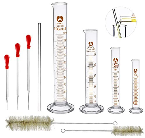 4pcs Glass Graduated Cylinder 5ml, 10ml, 50ml, 100ml for Pharmacy, Perfume, Laboratory, Hospital, Chemistry with 3 Glass Dropper 8 * 90mm,8 * 100mm,8 * 120mm + 2 Cleaning Brush + 1 Glass Rod