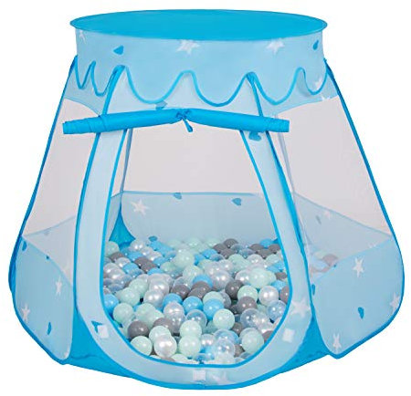 Selonis Baby Spielzelt Mit Plastikbällen Zelt 105X90cm/100 Bälle Plastikkugel Kinder, Blau:Perle-Grau-Transparent-Babyblau-Mint