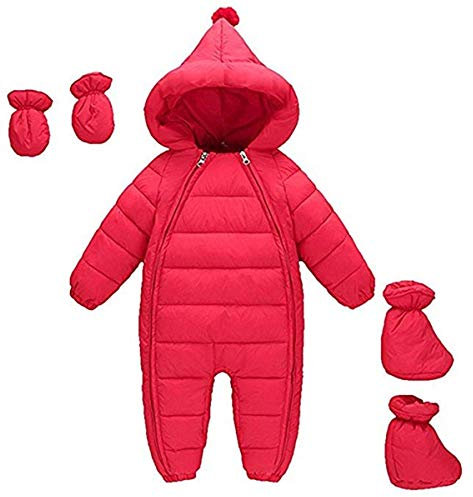 FAIRYRAIN Baby Jungen Mädchen Schneeanzug Daunenanzug Strampler mit Kapuze Handschuhe Footies Quilted Pramsuit Outdoor Winter Snowsuit , Rot, 90cm/9-12 Monate