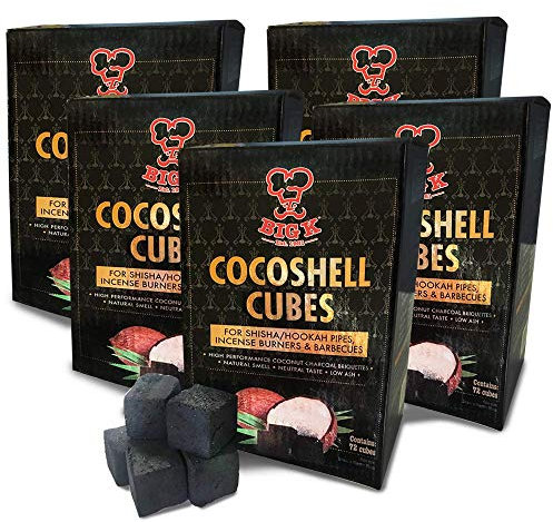 X5 Boxes of 1kg Cocoshell Charcoal Cubes Briquettes For Shisha/Hookah Pipes, Incense Burners & BBQs - Nicotine Free