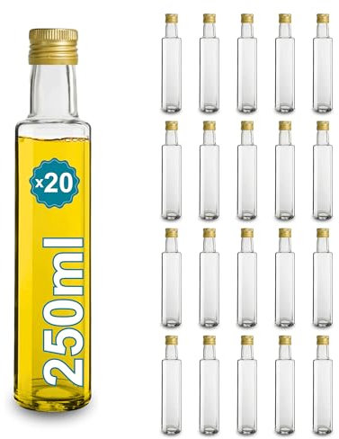 Espirito Rebelde 20 Bouteilles en Verre 250ml avec Bouchon a Vis Doré | Huile d'Olive, Vinaigre, Alcool | Huilier en Verre, Récipient en Verre, Bouteille D'Huile
