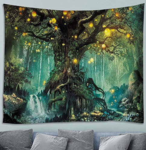 Awesocrafts Wandteppich Wandbehang Baum des Lebens im Wald, Elfen Pflanzen Warm Green River Psychedelic Trippy Natur, Wandteppiche für Schlafzimmer College Schlafsaal Wohnzimmer