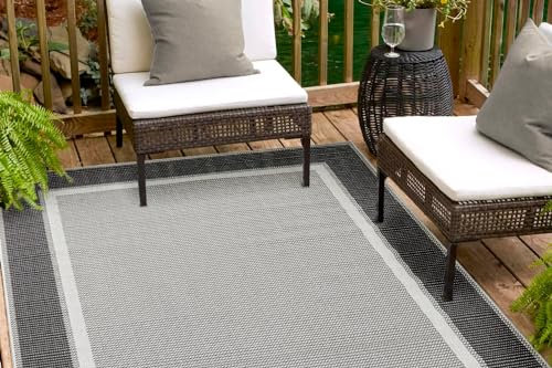 andiamo In- und Outdoor Teppich wetterfest Arizona - Balkon Teppich wasserfest Outdoor-Teppich auch nutzbar als Wohnzimmerteppich oder Küchenteppich Anthrazit Bordüre 67 x 140 cm
