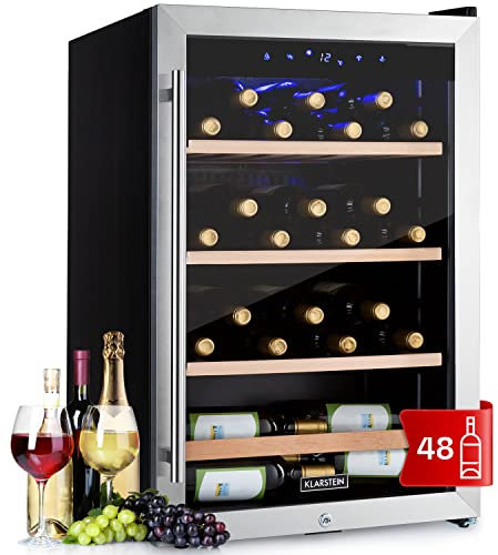 KLARSTEIN Wine Cooler Fridge, Dual Zone Wine Fridge with Glass Door, 2 Programmable Cooling Zones, Touch Controls, LED Display, 5-18 °C Range, 40 dB Low Noise, 48 Bottles / 128L Drinks Fridge, Black