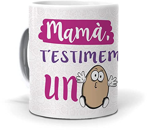 mundohuevo Taza Personalizada Regalo Mama, Madre (en catalán) Mamà t´estimem un ou. Cerámica AAA - 350 ml.