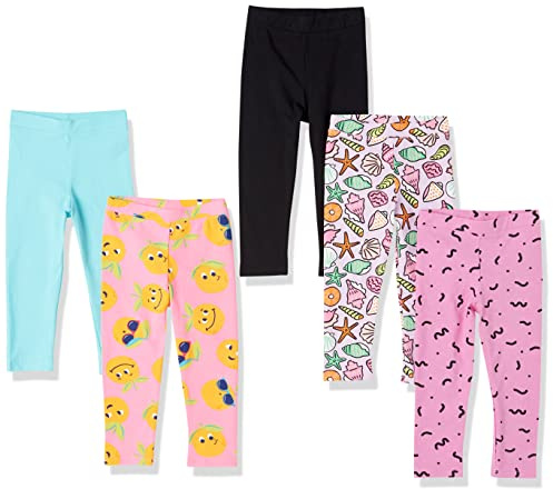 Amazon Essentials Legging Fille, Lot de 5, Bleu des Mers du Sud/Noir/Rose/Rose Clair Fruit/Violet Coquillages, 8-9 ans