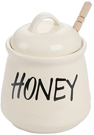 HAOTOP Honigglas aus Porzellan mit Deckel und Honigstab, 340 ml, Weiß (Beige)