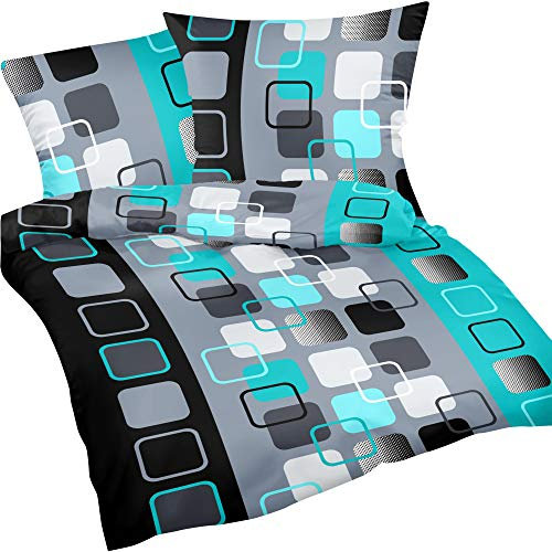 Heubergshop 2-teilige Renforce Bettwäsche 135x200cm und 80x80cm - Türkis Grau Schwarz Design Kariert - 100% Baumwolle, Bettgarnitur (396-3-Renforce)