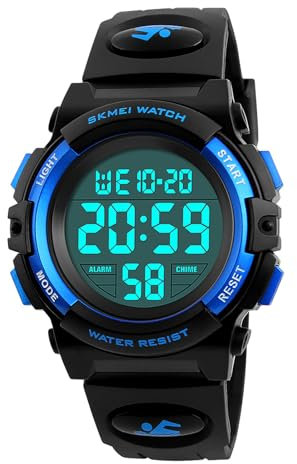 HMJIA Digital Uhren für Kinder 5ATM Sports Digitaluhr für Jungen Kinder Silikon Armbanduhr mit Datum/Wecker/LED/Stoppuhr/Stoßfes (Blau)