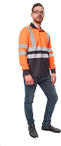 LIZZIE JACOBS Hi Viz High Visibility Long Sleeves 2 Tone Polo Shirts Reflective Tape Safety Hi Vis Security Work Breathable Lightweight Workwear Tops (X-Large, Orange/Navy)