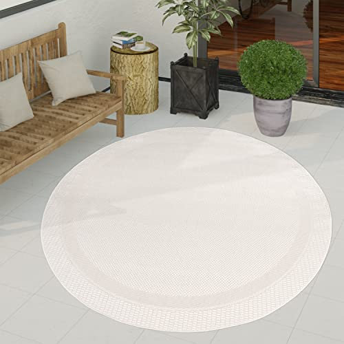 Paco Home Outdoor Teppich Wetterfest Wohnzimmer Balkon Küchenteppich Schlafzimmer Moderne Geometrische Muster, Grösse:80 cm Rund, Farbe:Weiß