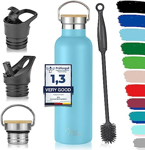 Milu Edelstahl Trinkflasche 350ml 500ml 750ml 1000ml (+3 Deckel) - Thermosflasche mit Strohhalm, Isolierte Wasserflasche, Auslaufsichere Isolierflasche doppelwandig (Himmelblau, 750ml)