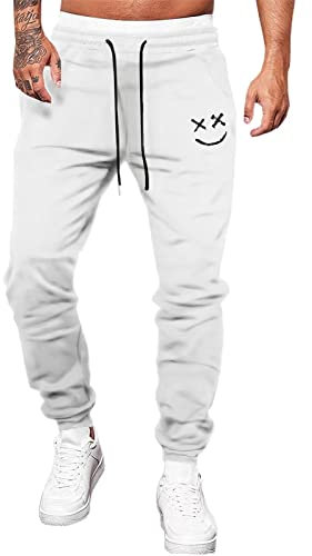 Meilicloth Jogginghose Herren Männer Freizeithose Baumwolle Lang mit Kordelzug-Aufdruck Sweatpants Herren mit Taschen Regular Fit Weiß L