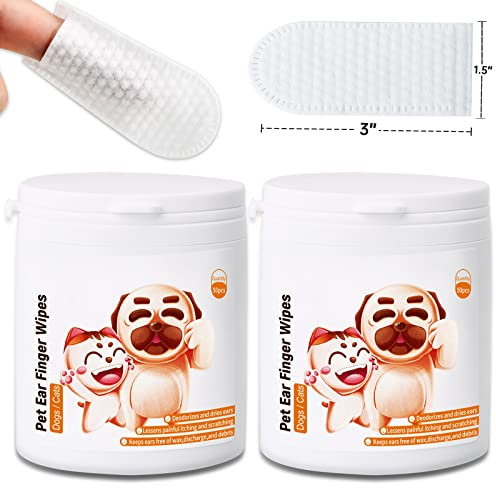 100Pcs Dog Ear Cleaner Finger Wipes, Biodegradable Ear Wipes for Dogs Cats | Non-Irritating Hypoallergenic | Gently Removes Wax, Debris & Stop Smelly, Itchy, Head Shaking | Sooths & Deodorizes