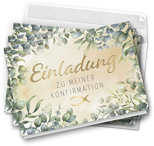 10 Einladungskarten Konfirmation - Motiv Eukalyptus modern - moderne Klappkarten mit Umschlägen - Einladungen zu Konfirmationsfeier Einladung Karten