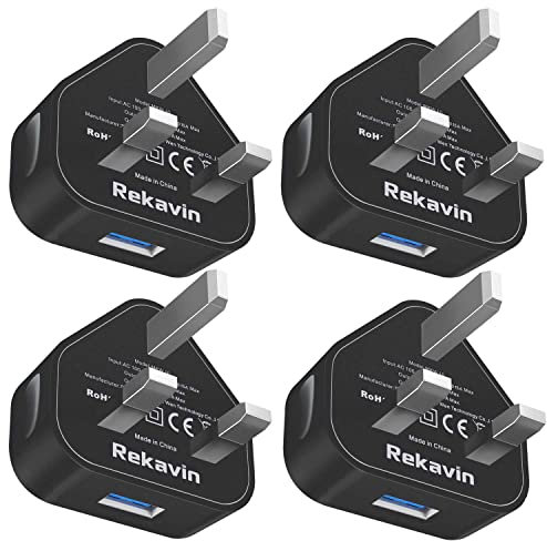Rekavin 4 Pack USB Plug Charger Plug UK, USB Wall Plug Adaptor Mains Charge Power Adapter Socket Charge Head Multipack Single Port Charging for iPhone 11/10/Xs/XS Max/XR/X/8/7/6 Plus/5/4