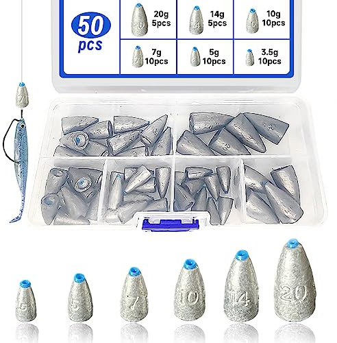 XSHAO® 50 Stück Carolina Rig, Bullet Sinker 3.5g/ 5g/ 7g/ 10g/ 14g/ 20g mit Aufbewahrungsbox für Seefischerei, Tiefsee- Und SüßWasserfisch